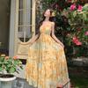 French Dopamine Yellow Beautiful Seaside Fairy Fluttering Holiday Pendulum Suspender Dress Printed Photo Dress
