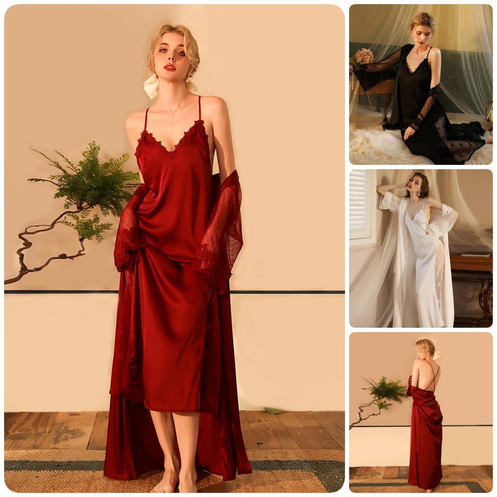 Spitzen-Tief-V-Rückenfreies Satin-Set Cami-Nachthemd mit Netzärmel Außenmantel Lange Loungewear 6076 Luxuriöse Zweiteilige Nachtwäsche mit Schicken Netzärmeln