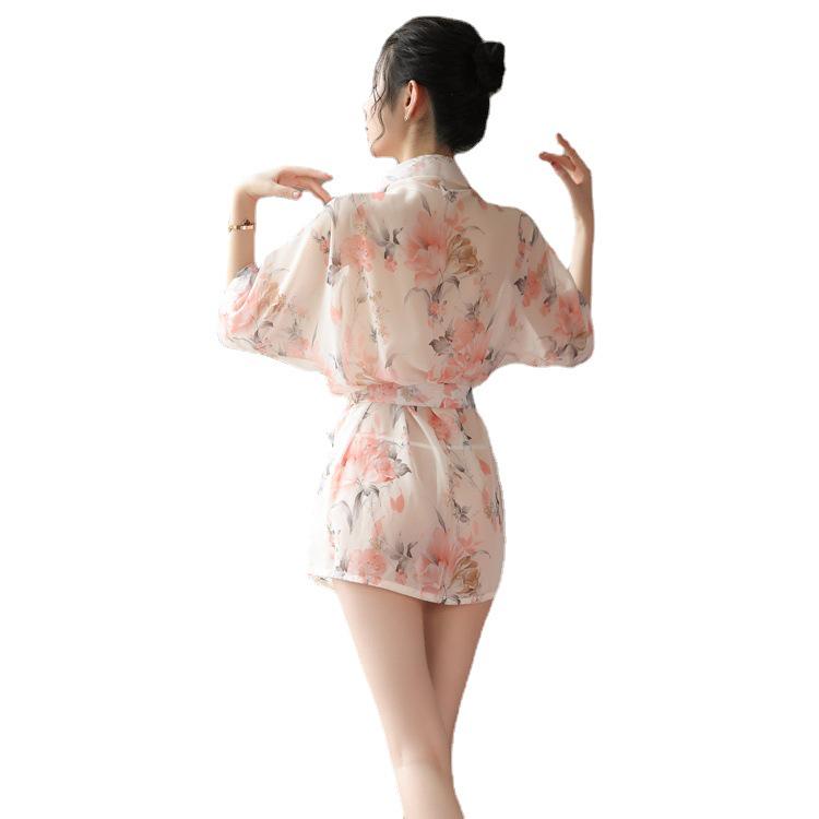 Set Sexy Kimono de Noapte din Șifon Imprimat - Lenjerie Transparentă de Inspirație Japoneză