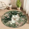 White cat flower wreath Flannel-printed round floor mats are slip-resistant Suitable living room bedroom terrace garden carpets