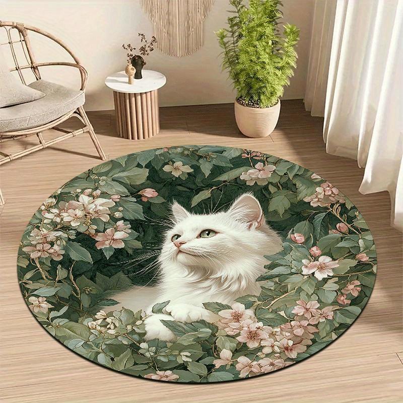 White cat flower wreath Flannel-printed round floor mats are slip-resistant Suitable living room bedroom terrace garden carpets