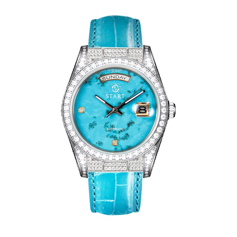 START-Turquoise Men's Watch Diamond Watch Week Function Automatic Mechanical Watch Butterfly Buckle Alligator Leather Strap
