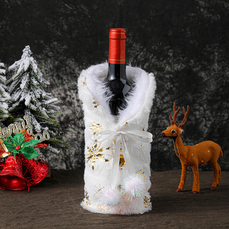Christmas Wine Bottle Decoration Plush Snowflake Wine Bottle Covers Red Clothes Dress Gold Snowflake Set New-Year Table Decor