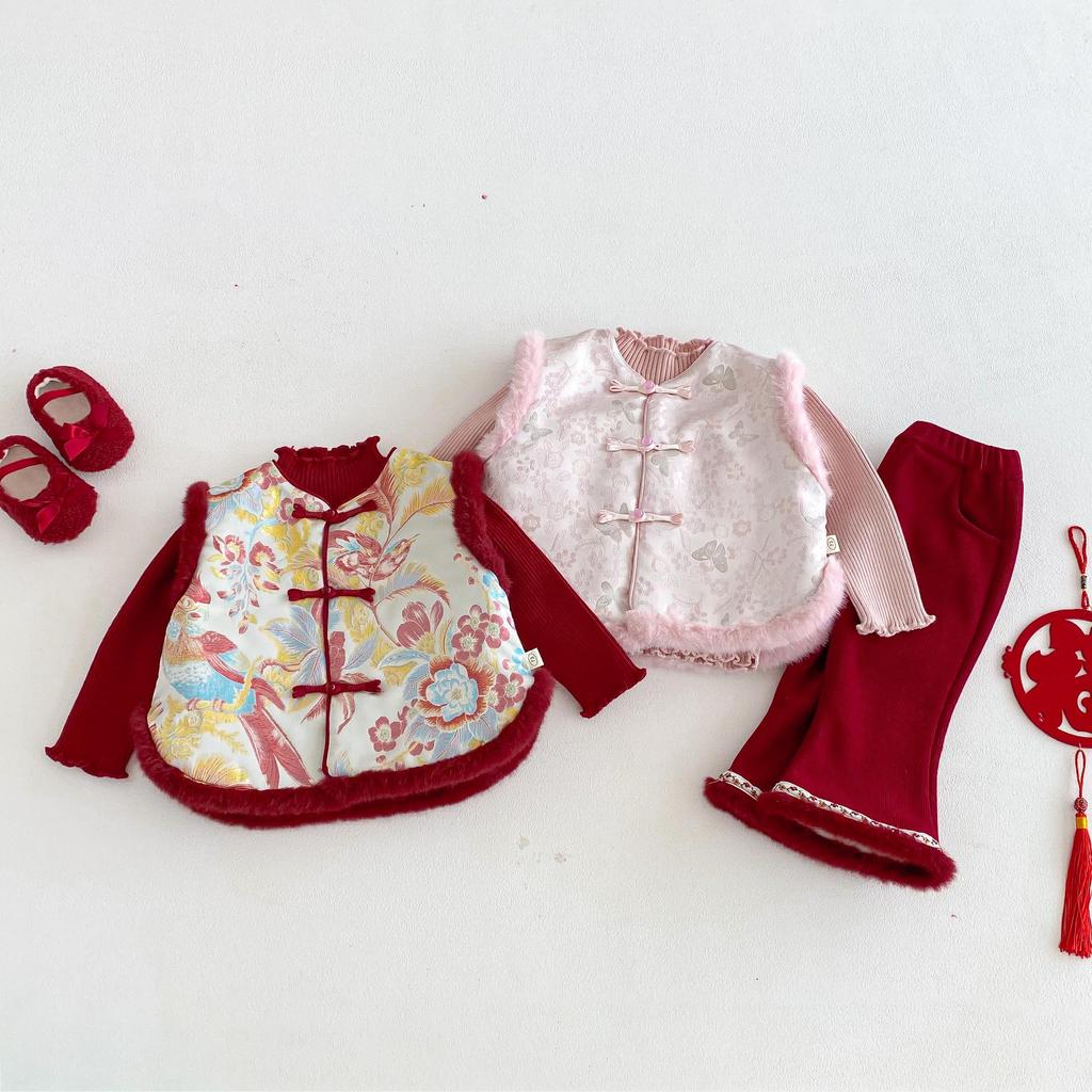 2025 Children's Chinese New Year Retro Jacquard Padded Vest – Winter Outfit for Girls