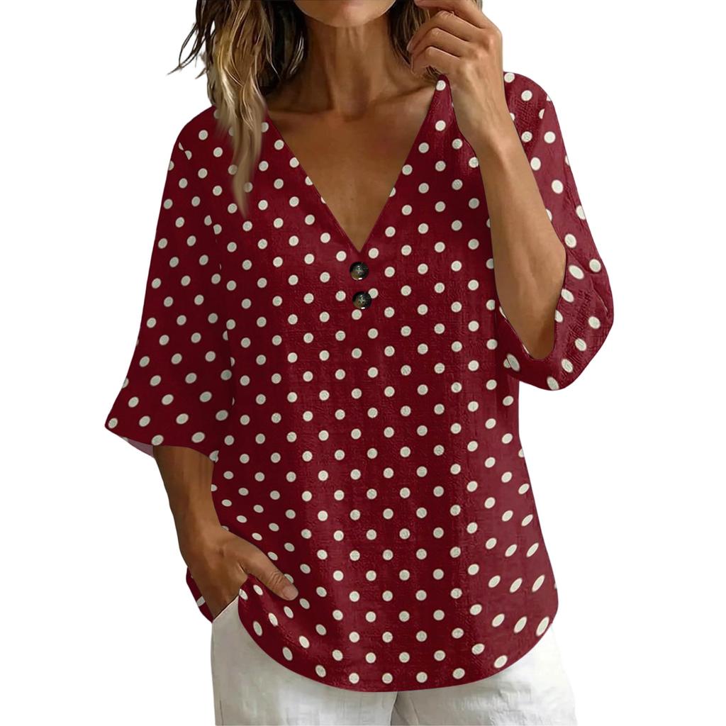 Women's Vintage Floral Print V-Neck T-Shirt - Loose Fit Short Sleeve Blouse, Faux Cotton-Linen Fabric
