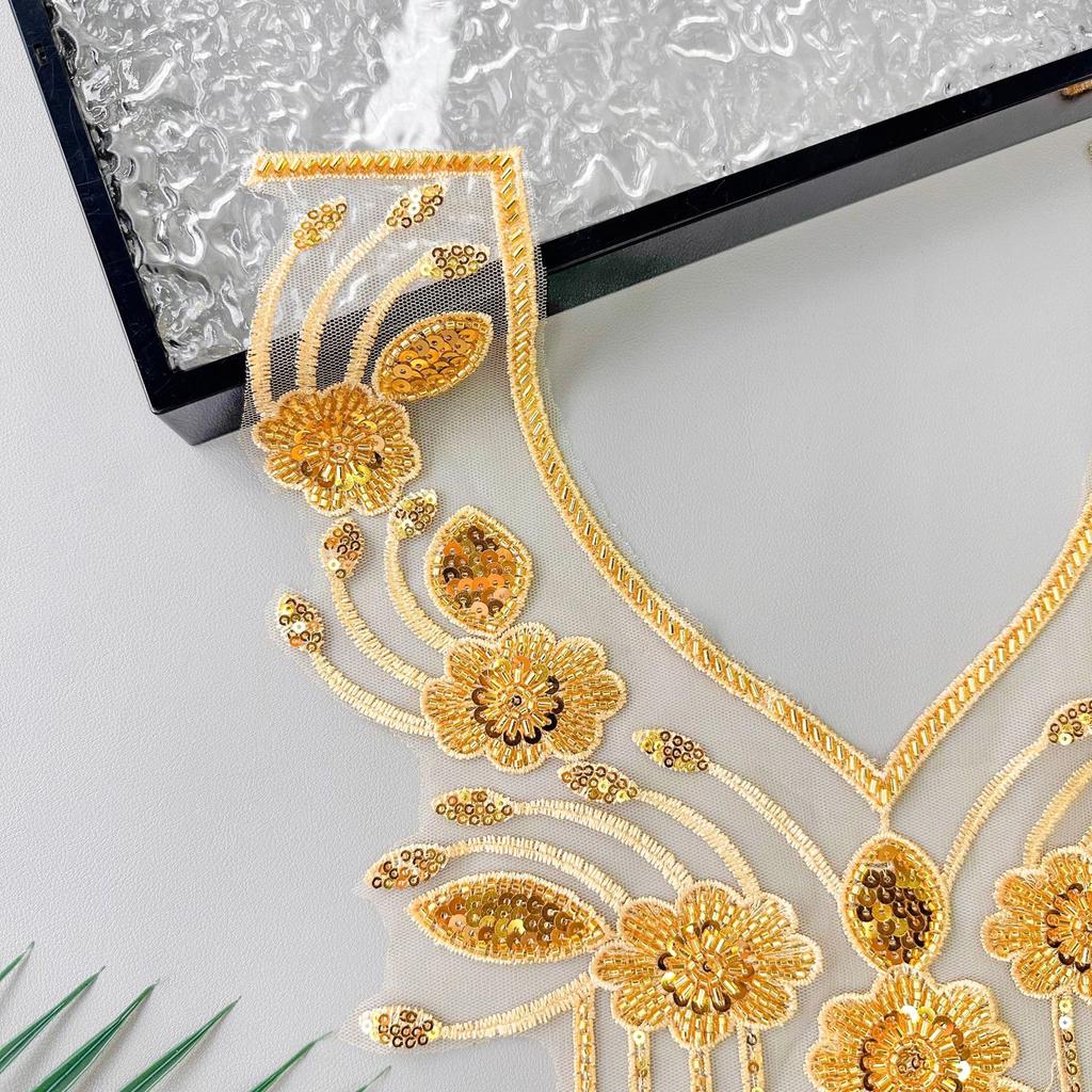 Gold Heavy Industry Beaded Sequins V-Neck Embroidered Decal Dress Performance Dress Decorative Front Neck Cloth Stickers Accessories