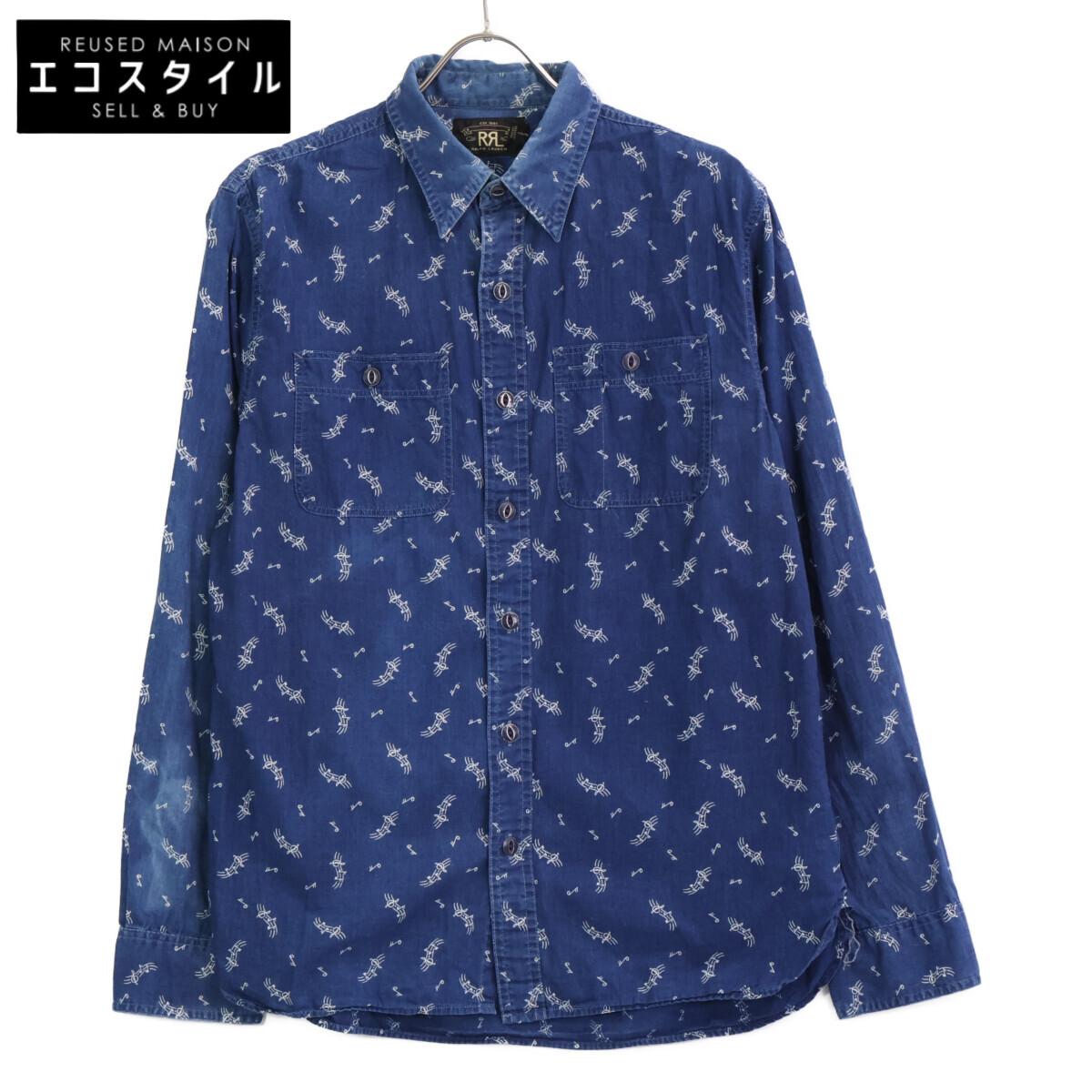 

RRL Indigo Musical Note Pattern Cat Eye Button Long Sleeve Shirt tops M NavyUsed