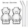 1/2pcs Cartoon Bear Shaped Glass Cup With Straw 300ml Transparent Juice Cocktail Glass Cup Restaurant Home Coffee Milk Cup