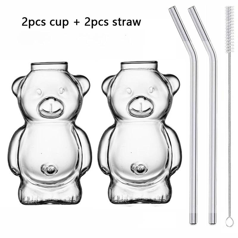 1/2pcs Cartoon Bear Shaped Glass Cup With Straw 300ml Transparent Juice Cocktail Glass Cup Restaurant Home Coffee Milk Cup
