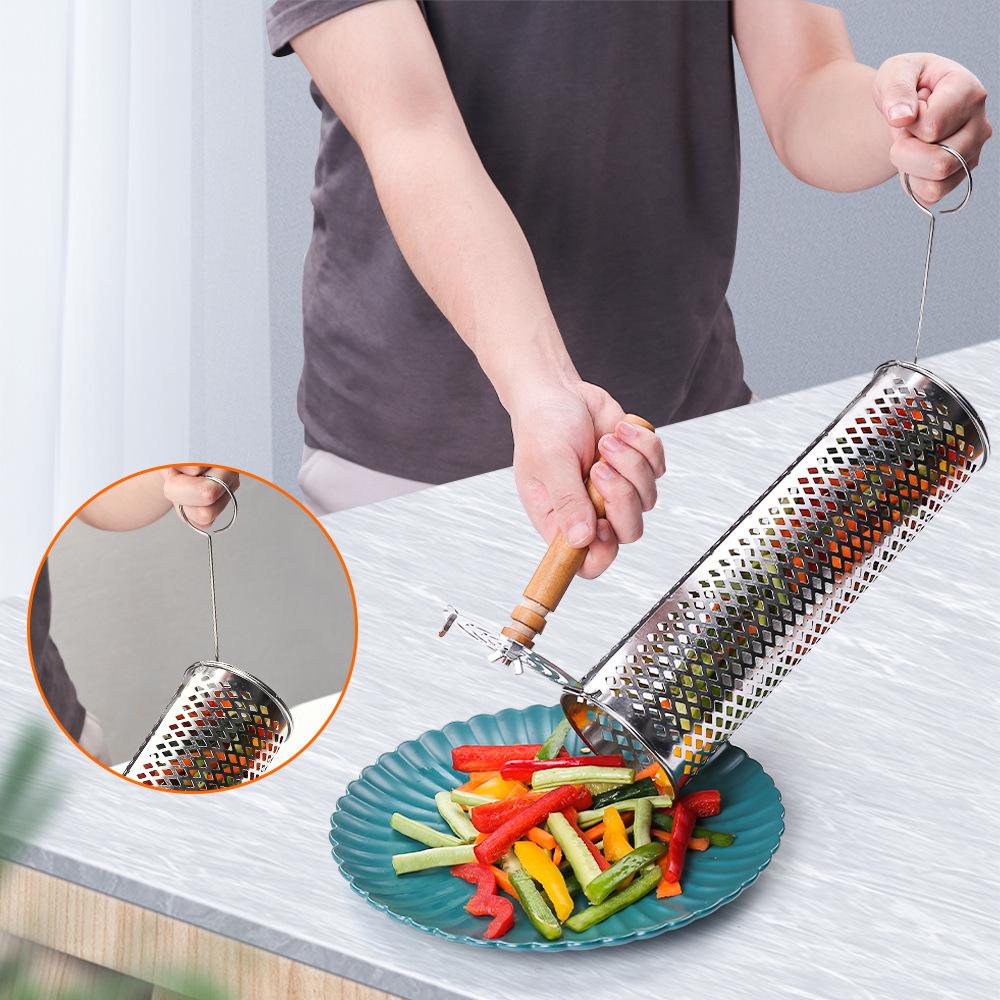 Rolling BBQ Grill Basket Set 304 Stainless Steel Cylinder Grill Mesh Cage with Wooden Handle Stand Hooks Forks