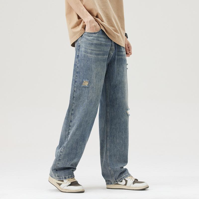 New Spring and Summer Loose Wide-leg Pants Straight High Street Retro Ripped Jeans Men