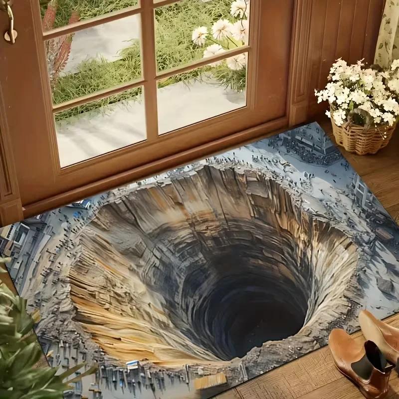 3D Manhole Cover Mat Visual Illusion Deep Hole Rug Non Slip Funny Bathroom Floor Mat Entrance Door Mat Home Decor