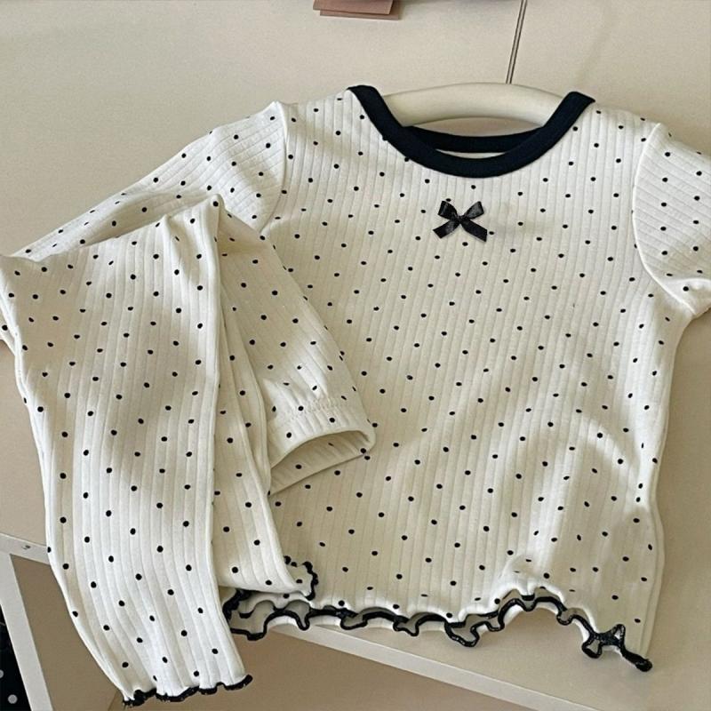 2ks/sada Korejská móda Sladké oblečení na spaní pro děti Dívky Styl černých puntíků Mašle Pyžamové sady Jaro Léto Měkká bavlna Domácí oblečení Oblečení