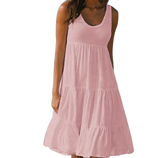 Beach Summer Loose Pleated Sundress Women Solid Color Sleeveless Midi Dress