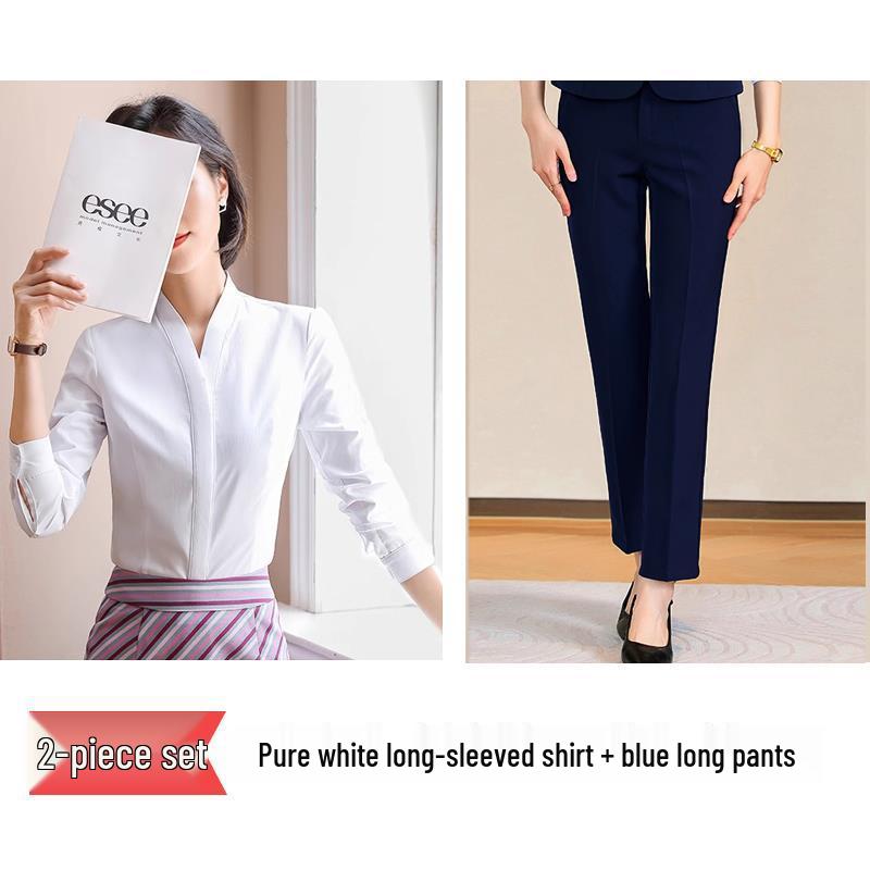 Women's White V-neck Professional Flight Attendant Shirt: Interview and Workwear Suit for Airline and Hotel Staff