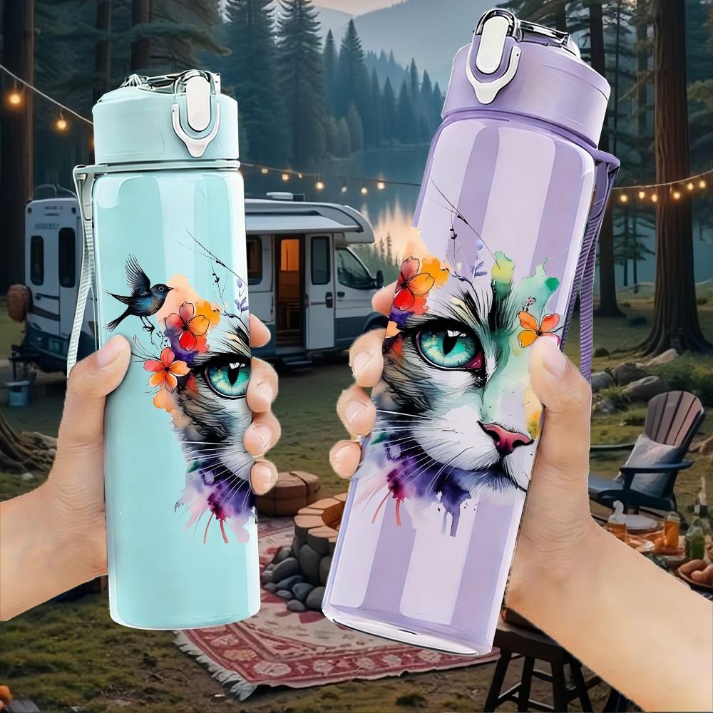 1PC Half Color Half Real Cat Mixed Media Art 750ml Color Plastic Sports Water Bottle Leakproof Flip Straw Lid Suitable for Sports Office Home Use