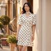 Qiu Shui Yi Ren Retro Polka Dot Puff Sleeve V-neck Dress