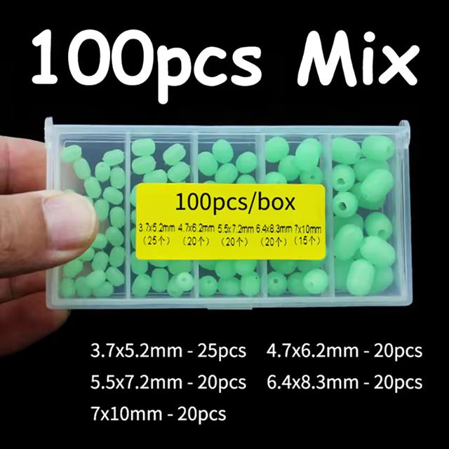 100pcs Green Saltwater Fishing Cylindrical Soft Rubber Luminous Beads Glowing Stopper Fishing Hook Lure Accessories