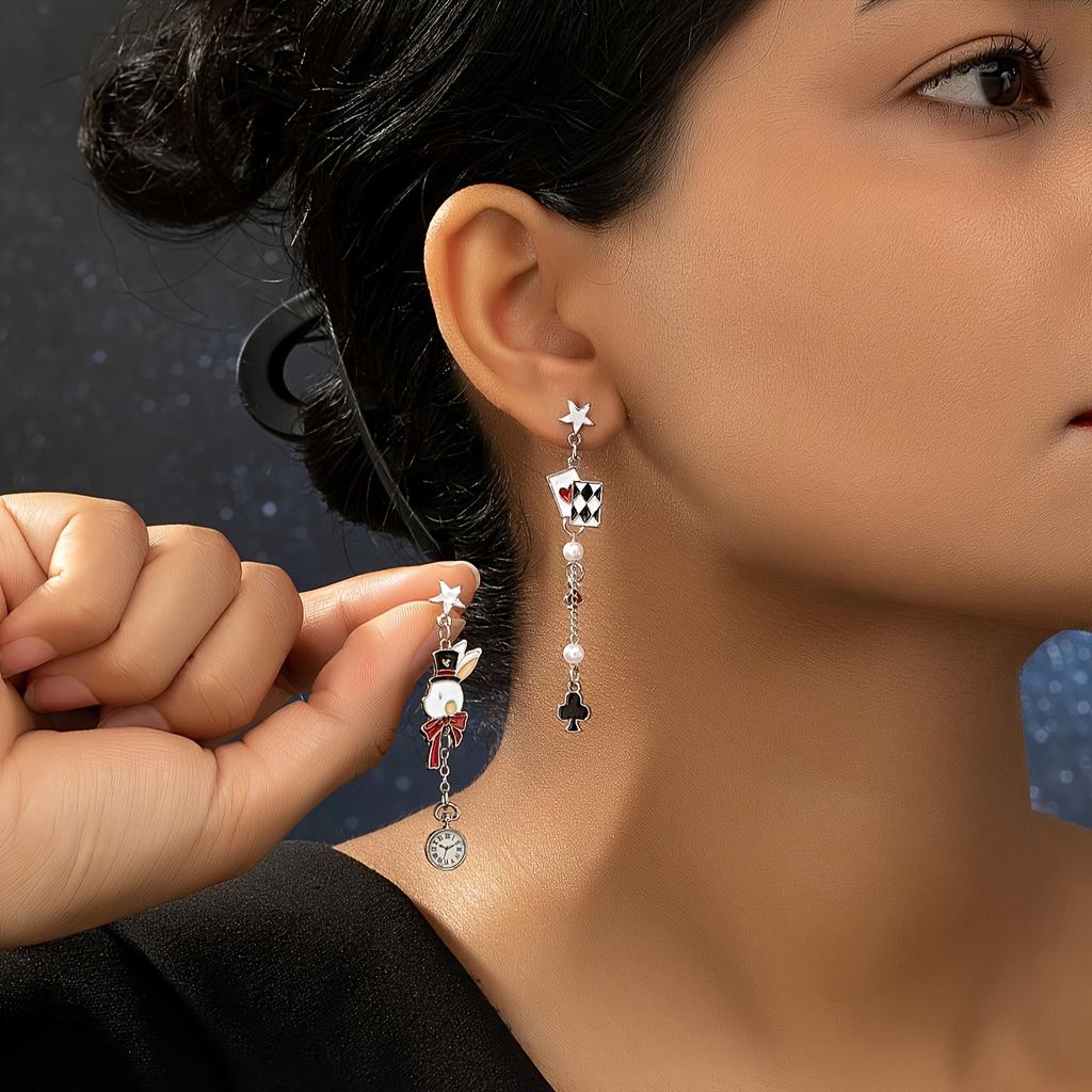 [Retro Fashion Earrings] 1 Pair Retro Fashion Rabbit Watch Drop Earrings | Simple Temperament Versatile Playing Cards