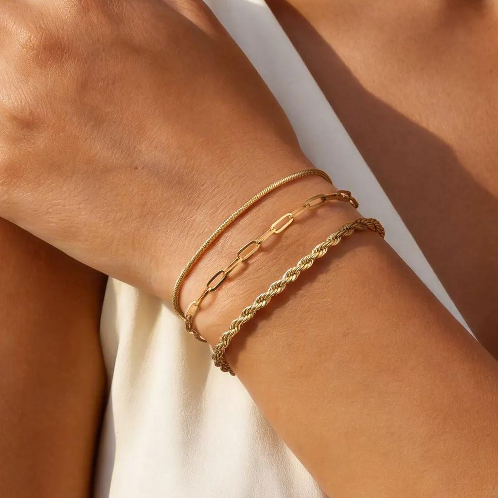 3 Stück Damen Edelstahl Dünne Kette Armband, Wasserdicht Verstellbares Verdrehtes Kette Handgelenkband Armbänder, Mode Punk Schmuck Set
