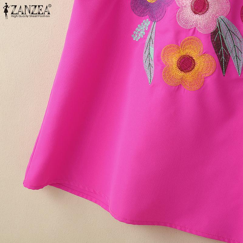 ZANZEA Women Casual Round Neck Short Sleeve Loose Floral Embroidery Dress