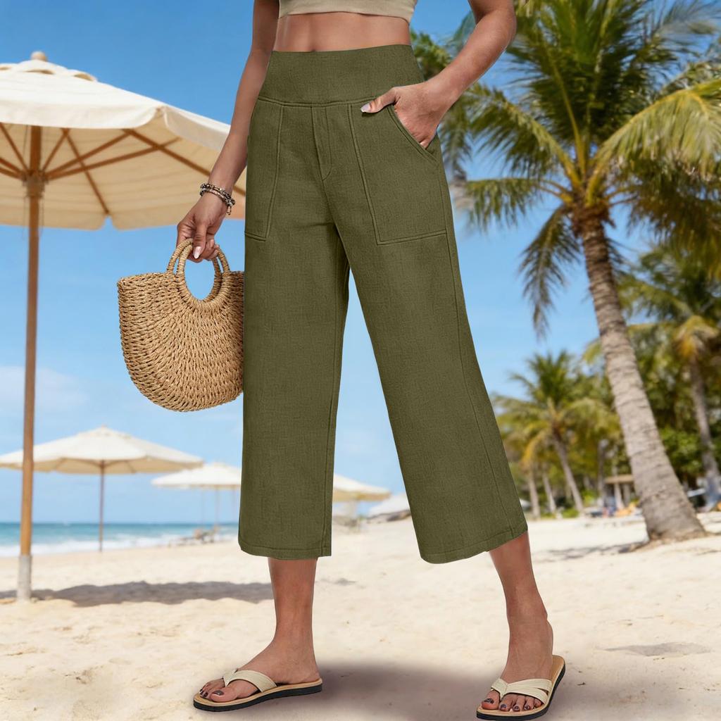 Women's Fashionable Loose-Fit Pocket Cotton-Linen Blend High-Waisted Wide-Leg Pants Casual Cropped Trousers