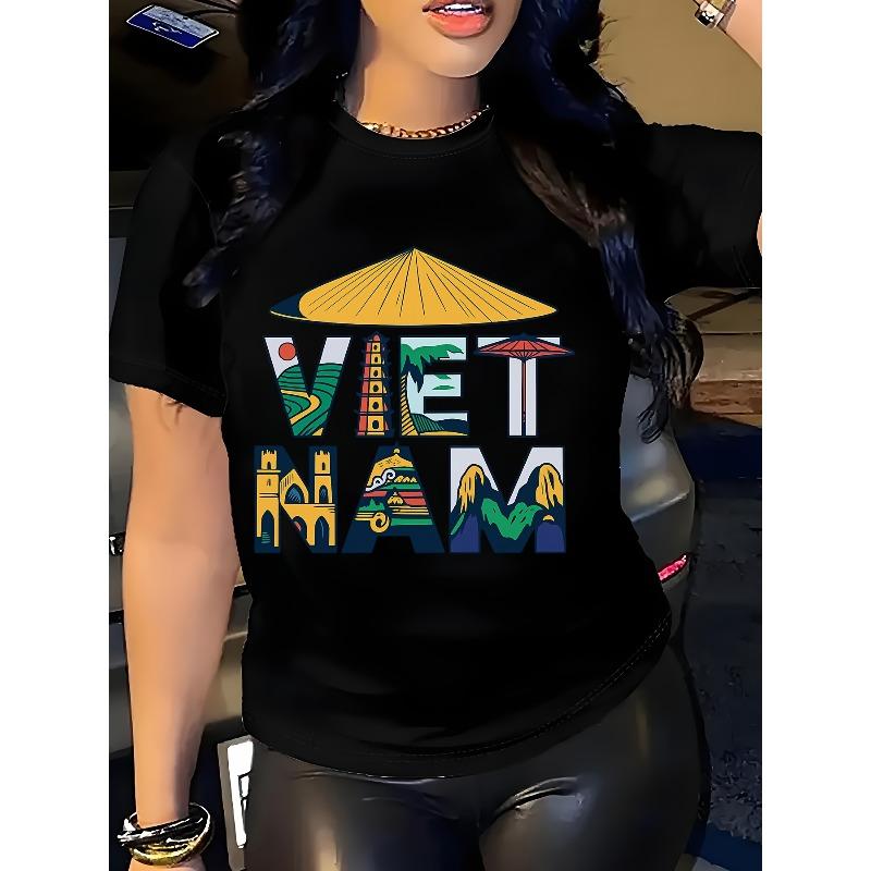 

Plus Size Women s T-Shirt Print with Iconic Landmarks Short Sleeve Round Neck Casual Top for Travel & Backpacking, Machine Washable Cultural Apparel, 4XL чорний