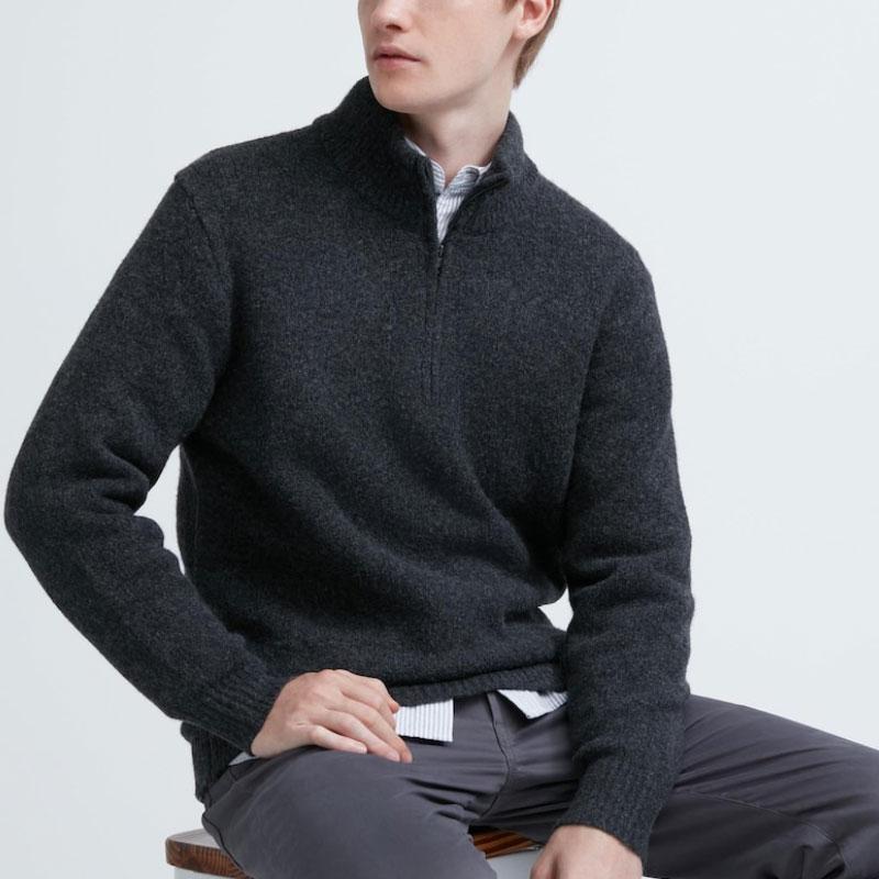 UNIQLO Solid Color Pullover Long Sleeve Half High Neck Knit Sweater Men sweater Dark-Gray 460948-08