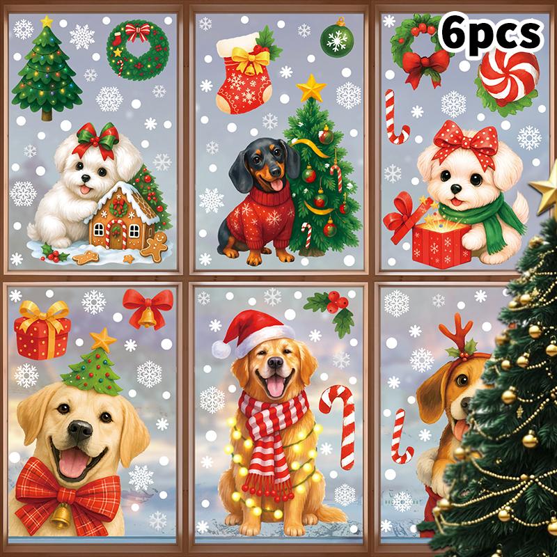 2/4/6/7/8/9Pcs Christmas Decorations Gift Box Static Stickers Shopping Mall Window Decoration Wreath Puppy Glass Stickers