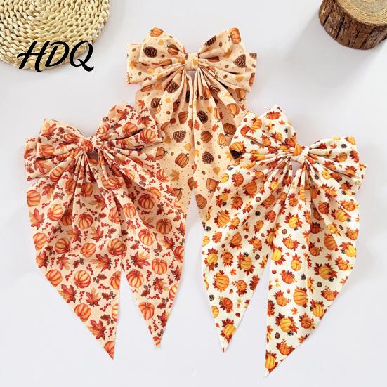 Autumn Hair Accessories with Ribbon Fall Pumpkin Maple Leaf Bows for Women Girls Pinecone Clips Large Bowknot Elegant Retro Pastoral Style