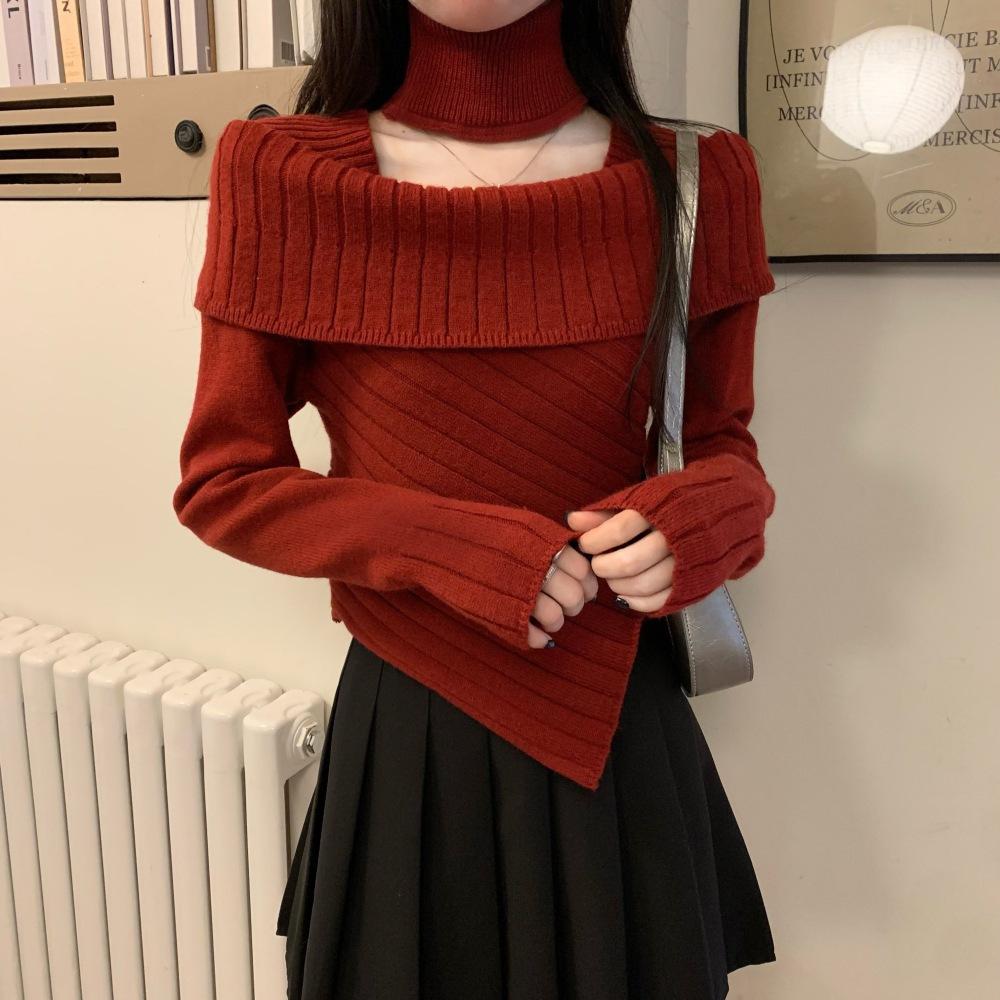 

Sweet and spicy irregular neck cover sweater square collar careful hanging neck white knitted autumn and winter new knitted sweater one size fits all