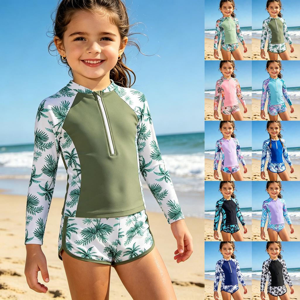 Dívčí Rash Guard Plavky Set Dlouhý Rukáv Zip Vpředu Horní Díl s Tropickým Potiskem a Pasové Plavky Dvoudílné Plavky pro Děti