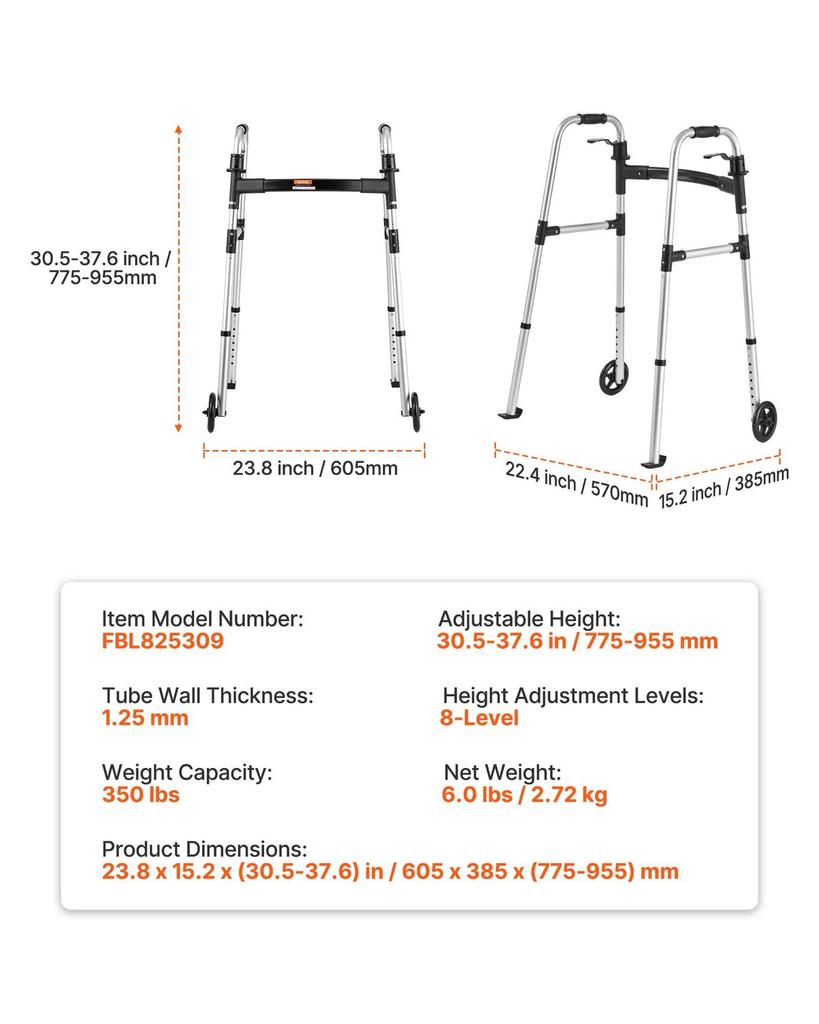 Folding Walker, 2-Button Foldable Walker with Solid Wheels & 8-Level Adjustable Height, 159KG Loading Lightweight Aluminum Mobility Walking Aid,