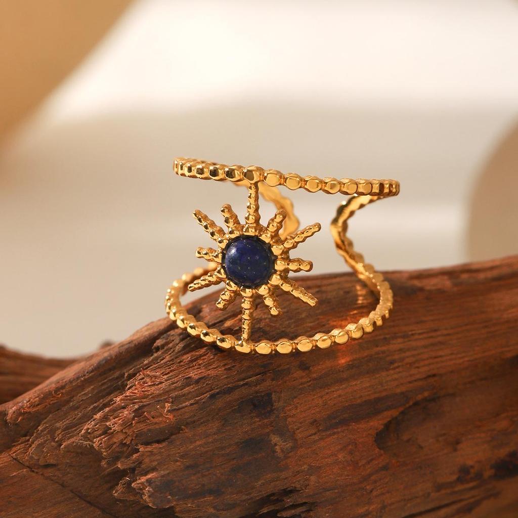 Eight-Pointed Star Natural Stone Sun Ring: Luxury Titanium Steel Open Design
