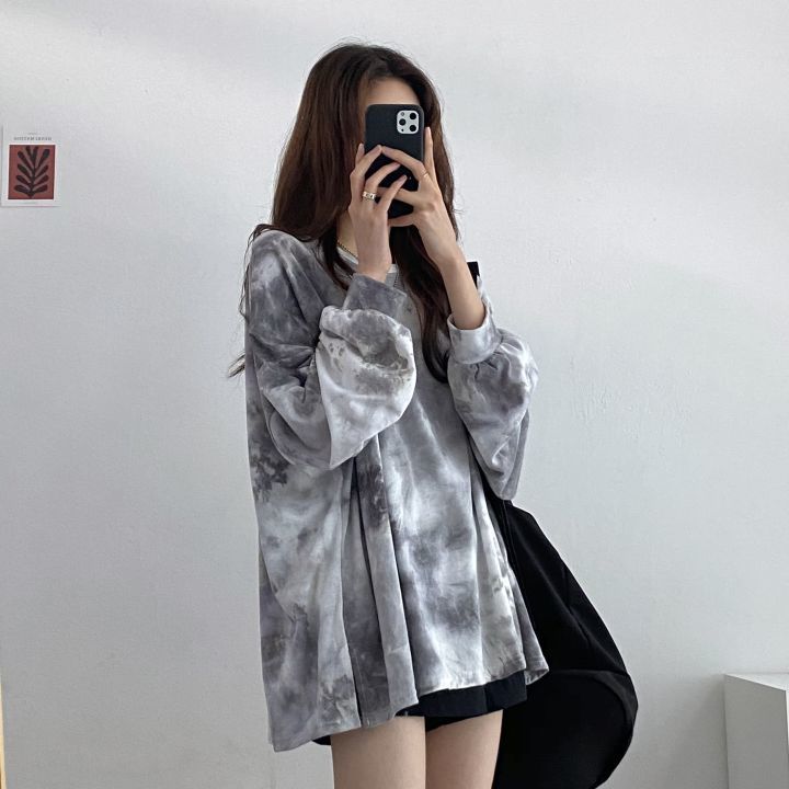 Plus Size Long Sleeve T-shirts Women Harajuku Tie-dye Autumn Loose Tops Teens Streetwear Y2k Sun-proof Clothing