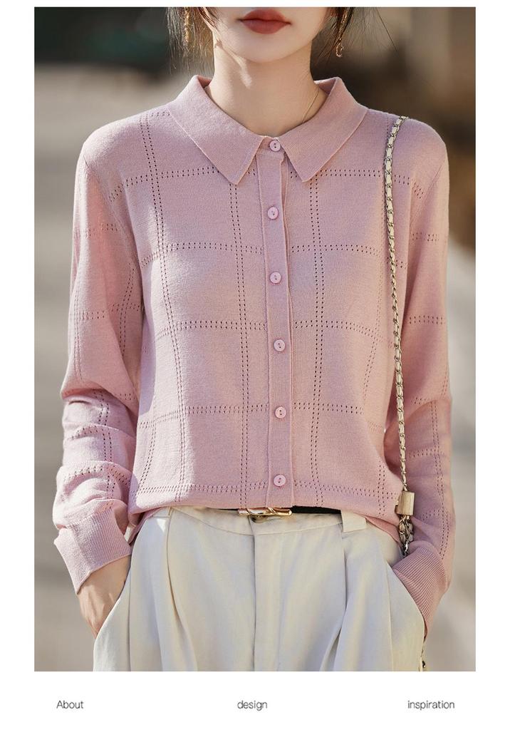 Women's Knit Lapel Cardigan: Light Hollow Jacket, Long Sleeve Spring/Summer Top