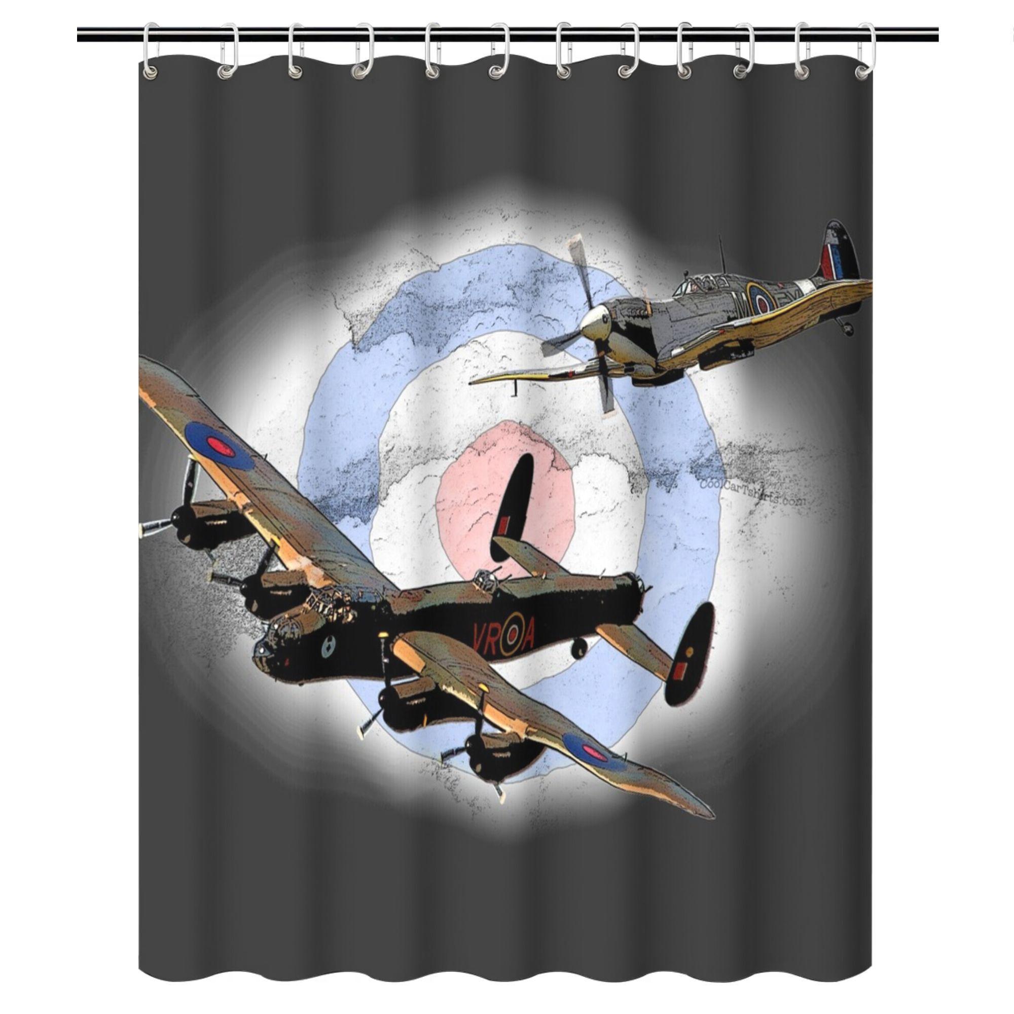 Spitfire & Lancaster Shower Curtain – WWII British Aircraft, Royal Air Force Roundel, Dark Gray Background, Polyester 90x180cm35x71in