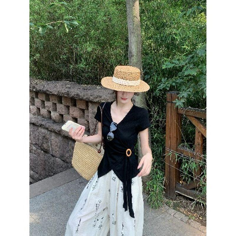 

Kumikumi Fashion Set Irregular Black Short sleeve T-shirt Women Summer Retro Embroidered Wide-Leg Pants Two-piece Set Black Tops L