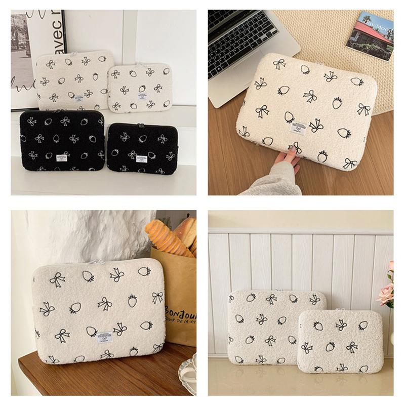 Plush Bow Strawberry Laptop Sleeve Case 13/14 Inch Notebook Bag For Macbook Air Pro Lenovo Hp 11 Inch Tablet Pouch For Ipad