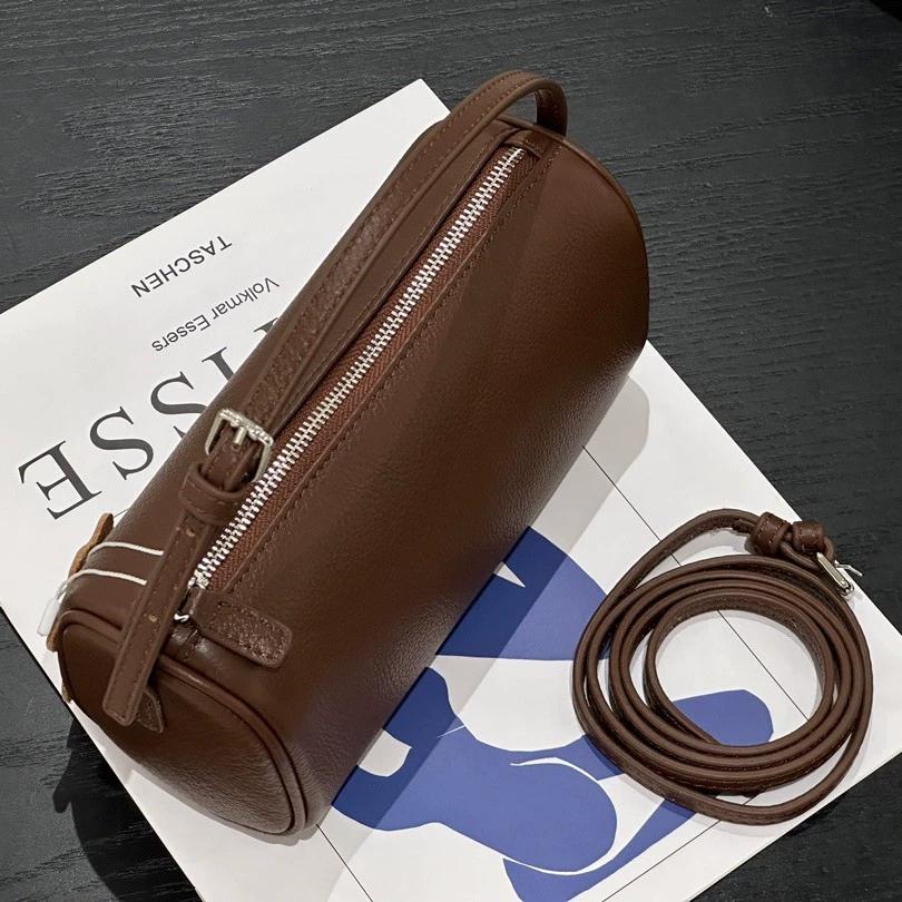 Fashi Mini Small Grained Calfskin Cowhide Handbag for Women Real Leather with Shoulder Strap Barrel-shaped Crossbody Purses