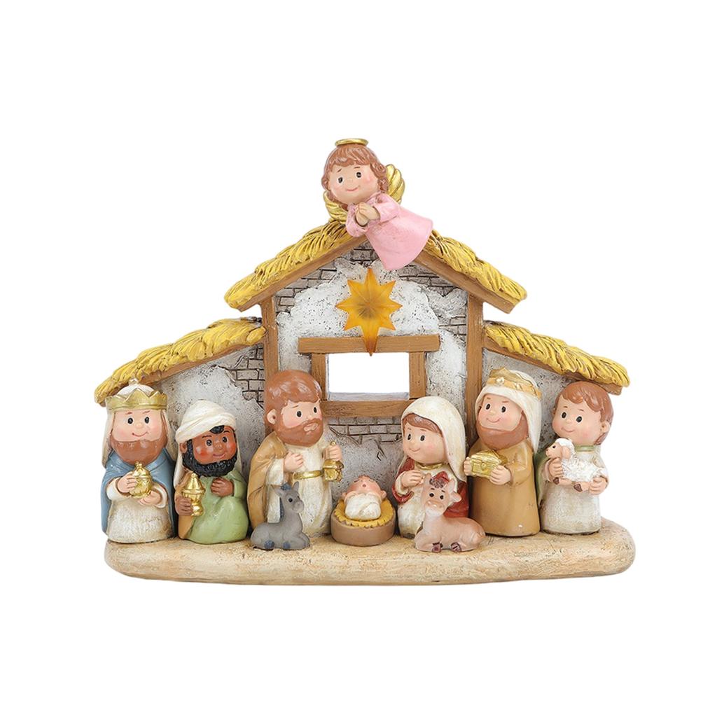 Miniature Nativity Playsets for Christmas Resin Figures Nativity Scene with LED Light Indoor Christian Faith Display
