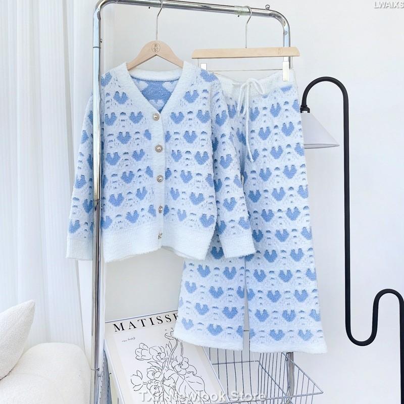 Sweet Fragrant Soft Pajamas Women's Autumn and Winter Long Sleeve Loving Thickened Fleece-lined Warm Knitted Home Clothes Suit