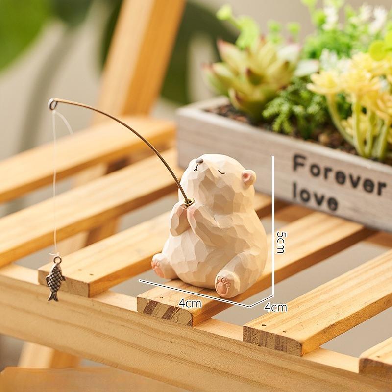 Cartoon Imitation Wood Resin Animal Fishing Ornament Monitor Desktop Office Cute Pet Cute Ornament Small Gift