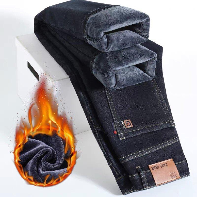 Autumn and Winter Fleece Thickened Jeans Loose Straight Pants Versatile Business Elastic Thermal Trousers