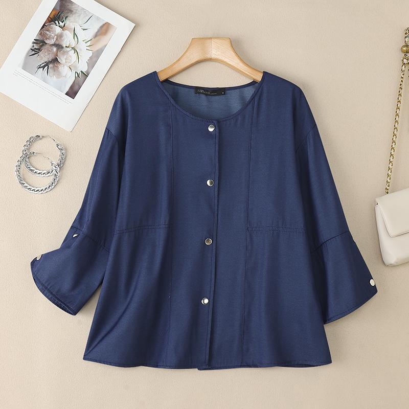 ZANZEA Women Casual Round Neck Loose 3/4 Sleeve Plain Blouse