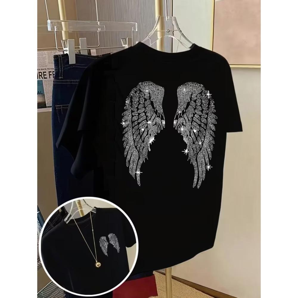 Tricou cu Imprimeu Presat la Cald Aripi de Înger, Design Față & Spate, Casual Unisex cu Gât Rotund și Mânecă Scurtă, Top Versatil de Vară pentru Purtare Zilnică XL black