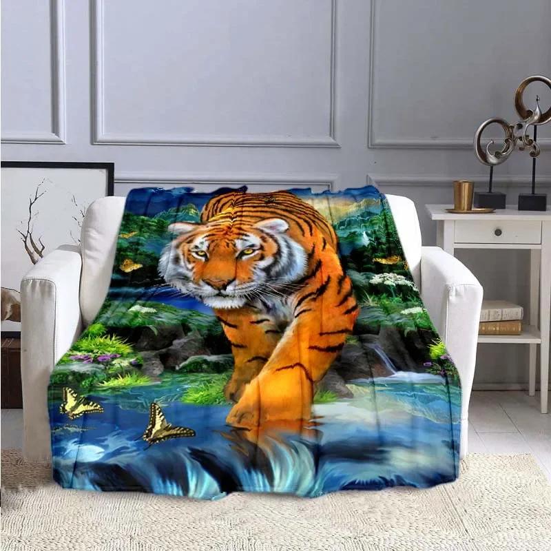 3D Print Tiger Wild Animal Pattern Flannel Blanket Bed Cover for Sofa Soft Adult Warm Throw Blanket Travel Throw Blanket