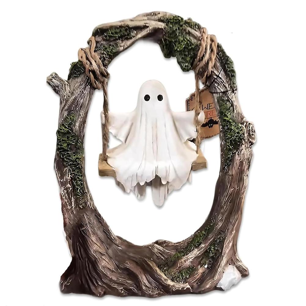

Cute Ghost Tree Swing Figurine - Resin Halloween Spooky Decoration for Home Windowsills & Dining Tables Perfect for Halloween серый