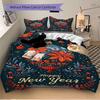 3pcs Happy New Year Festive Decorative Bedding Set, Includes One Quilt Cover and Two Pillowcases (No Core), Anime Cartoon Design, Polyester Fabric