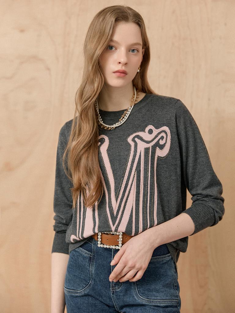 MAXZA M Cubic Lettering Wool Blend Round Neck Knit